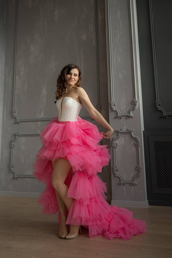 Coast High Neck Tulle Tiered Midi Dress, Hot Pink