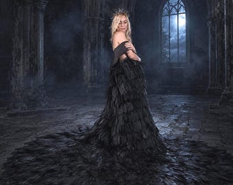 Black Feather Robe Ideal Gothic Witch Costume - Adult Halloween Costume - Dark Fantasy Maternity Photoshoot Gown With Dramatic Feather Train