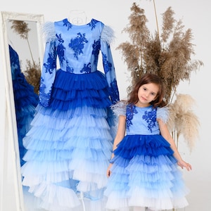 Mommy And Me Dress Formal, Blue Ombre Wedding Guest Dress, Mother Daughter Dresses For Photoshoot, Blue Flower Girl Gown, Ruffle Tulle Dress