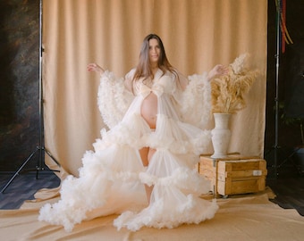 Ruffled Tulle Maternity Robe For Photoshoot, Sheer Boudoir Gown, Wedding Robe
