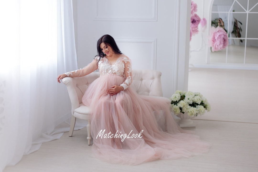 Shop Maternity Dress for Photo Shoot, Pink Maternity Wedding Dress, Lace Maternity Dress for Baby Shower, Pregnancy Gown Dress, Boudoir Gown -