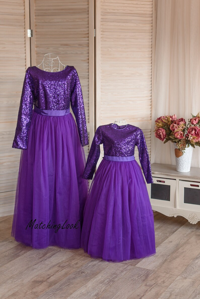 Mom Baby Girl Party Tutu Dress Purple Matching Outfits Mother Daughter Matching Dress Mommy and Me Outfits Ultra Violet Sequin Dresses