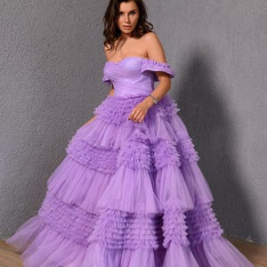 Lilac Corset Prom Dress, Fairytale Ball Gown, Ruffle Princess Dress, Tiered Photoshoot Gown, Formal Womens Dress, Gala Gown, Black Tie Dress