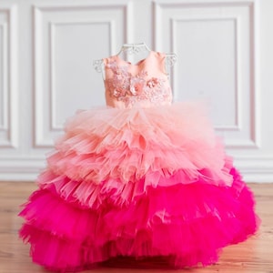 Pink Tulle Flower Girl Dress, Peach Princess Dress, 1st Birthday Dress, Toddler Princess Gown, Girl Tutu Dress, Formal Dress, Cupcake Dress