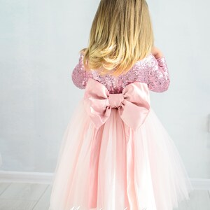 May include: A little girl wearing a pink tulle dress with a large pink satin bow on the back. The dress is covered in sequins.