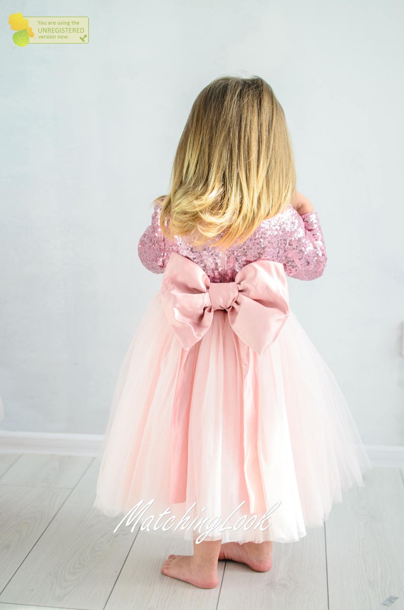May include: A little girl wearing a pink tulle dress with a large pink satin bow on the back. The dress is covered in sequins.