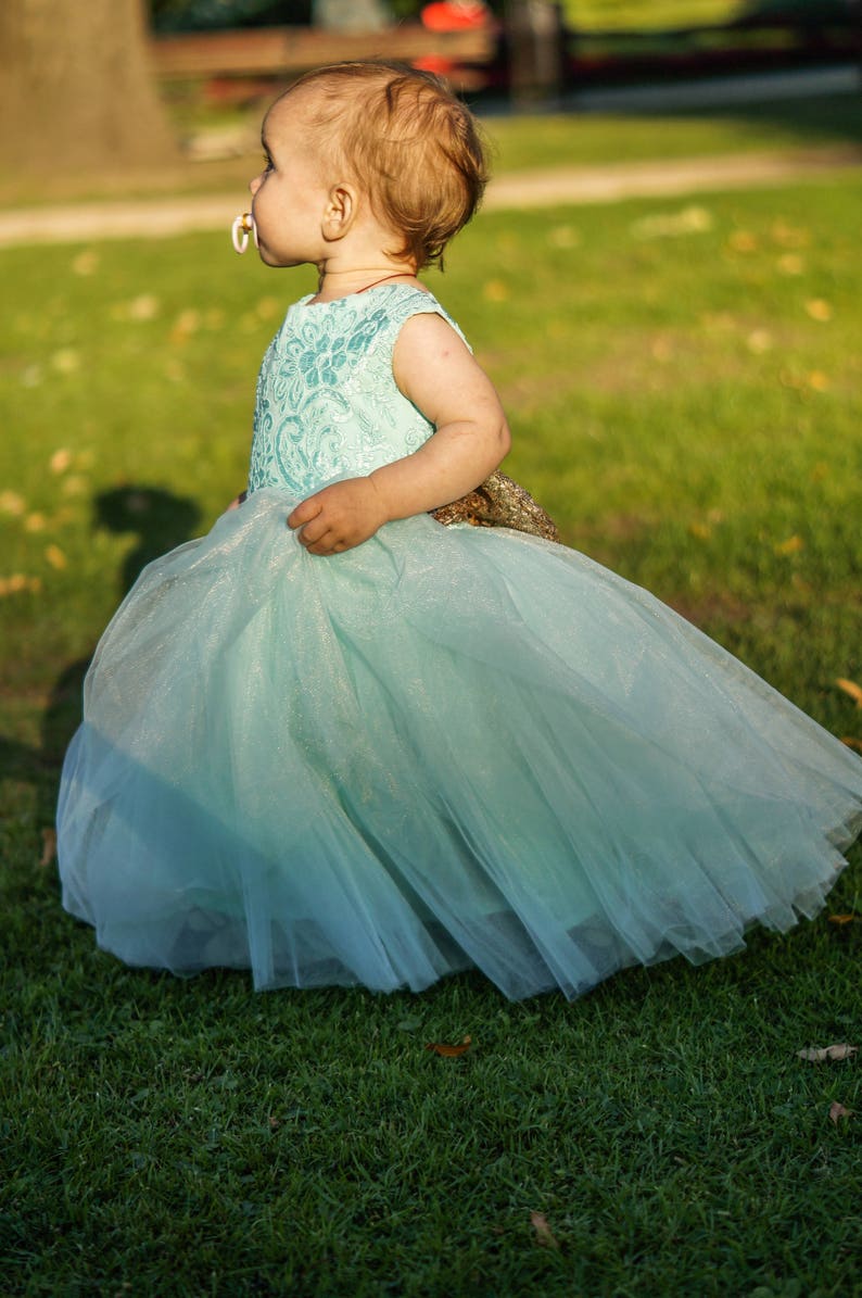 Flower Girl Tutu Dress With Bow Mint Princess Dress Lace Girls Etsy