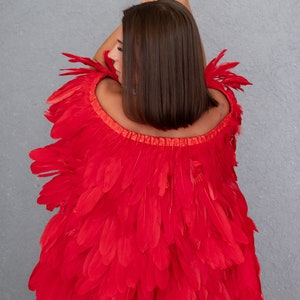 May include: A red feather cape with a ruffled neckline. The cape is made of many layers of feathers and is worn by a person with long brown hair.