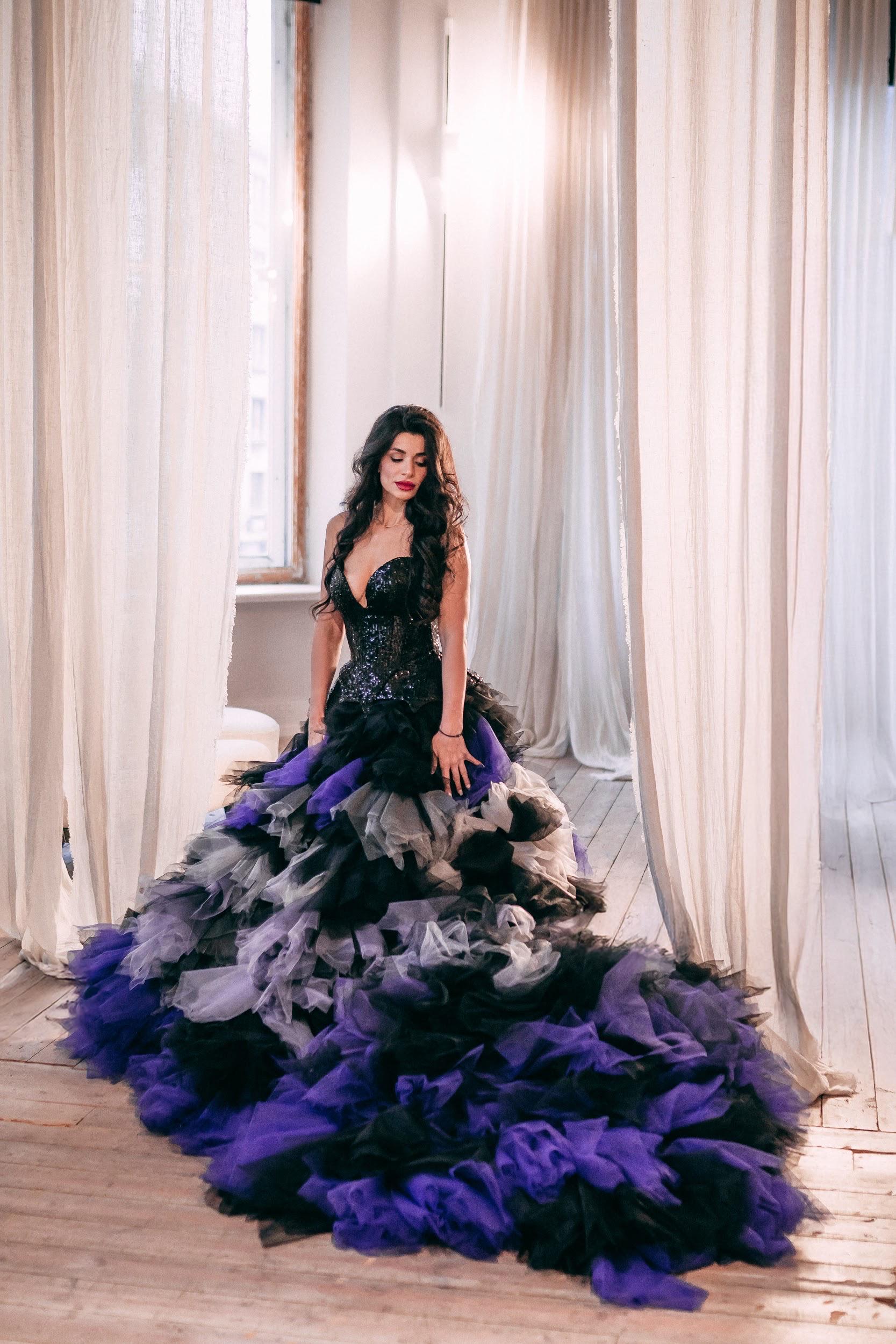 Couture Gothic Gown With Long Train, Purple Black Tulle Skirt & Sequin Corset, Goth Christmas Dress, New Years Eve Dress, Winter Style Gifts - Etsy Couture Gothic Gown With Long Train, Purple Black Tulle Skirt & Sequin Corset, Goth Christmas Dress, New Years Eve Dress, Winter Style Gifts - Etsy