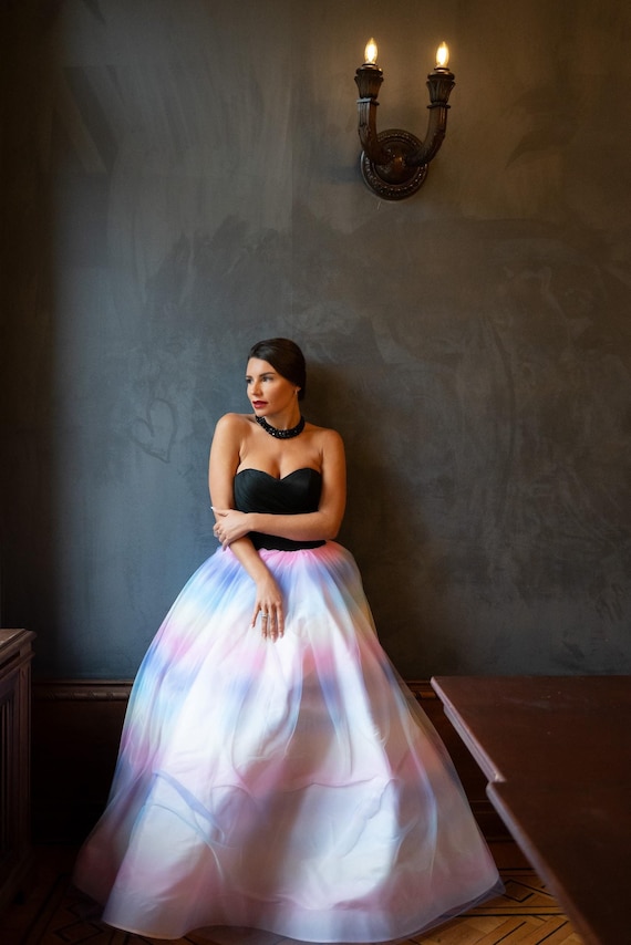 Tie Dye Rainbow Maxi Dress With Black Corset, Colorful Bridal Dress, Alternative Wedding Dress, Ombre Tulle Skirt, Black Tie Dress, Couture