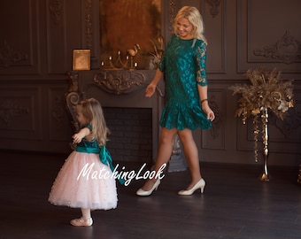 Emerald Lace Dresses, Mommy and Me Outfit, Photoshoot Dress, Mother Daughter Matching Dress, Girl Tutu Dress, Toddler Birthday Dress, Formal