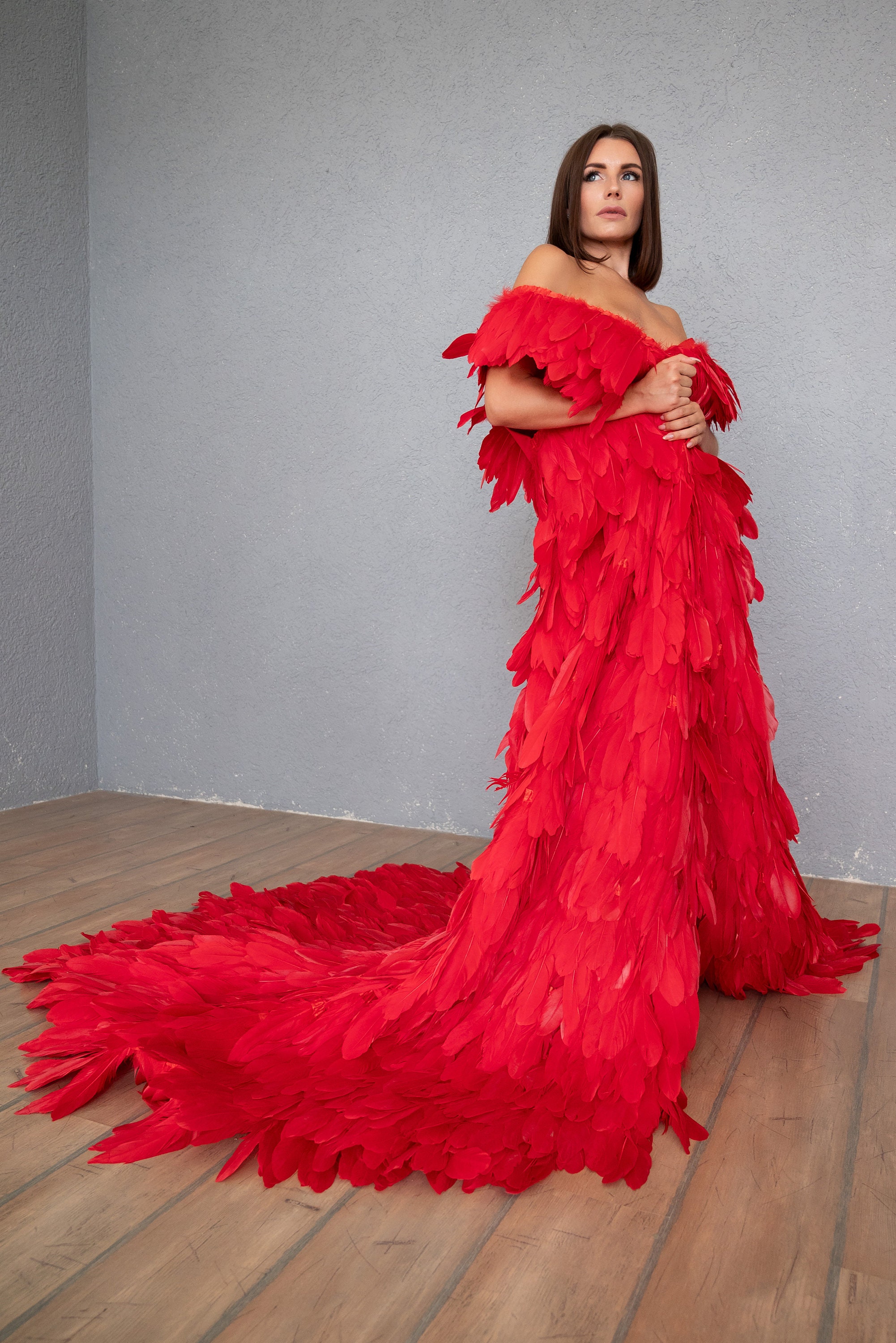 Red Goose Feather Cape, Feather Cloak For Photoshoot, Fancy Gown, Photography Gown, Boudoir Dressing Gown, Marabou Robe, Luxury Robe