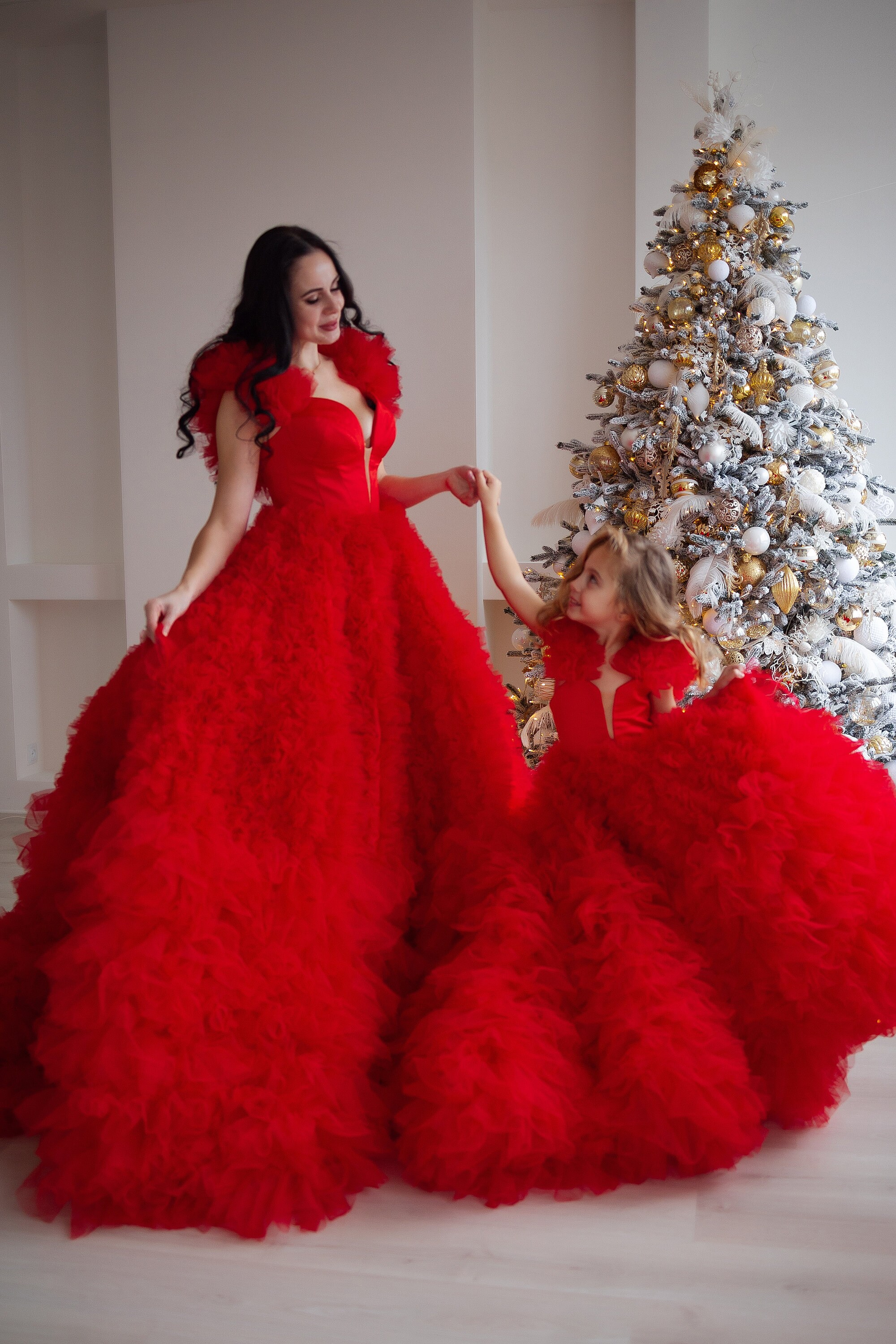 Red Mommy and Me Christmas Gown Matching Family Clothing Mother Daughter Holiday Photoshoot Princess Tulle Tiered Gown Rental Service Etsy