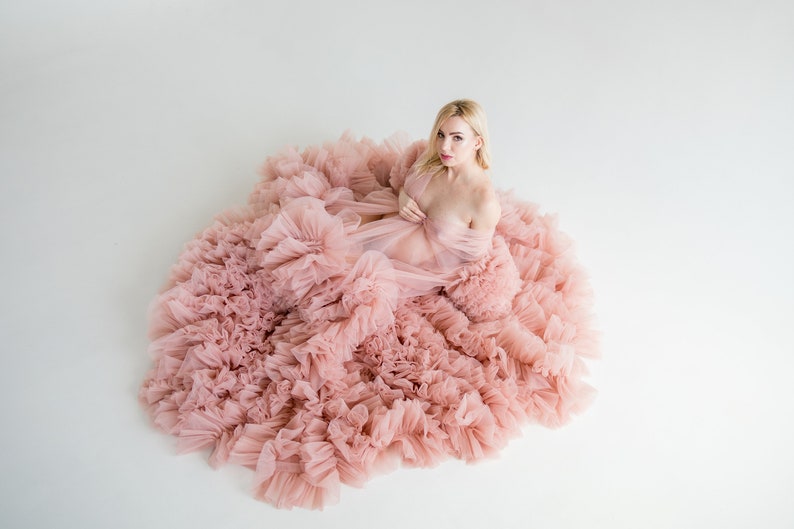 Pu&ograve; includere: Una donna indossa un abito di tulle rosa cipria con pi&ugrave; strati di balze. L'abito &egrave; trasparente e ha una silhouette fluida.