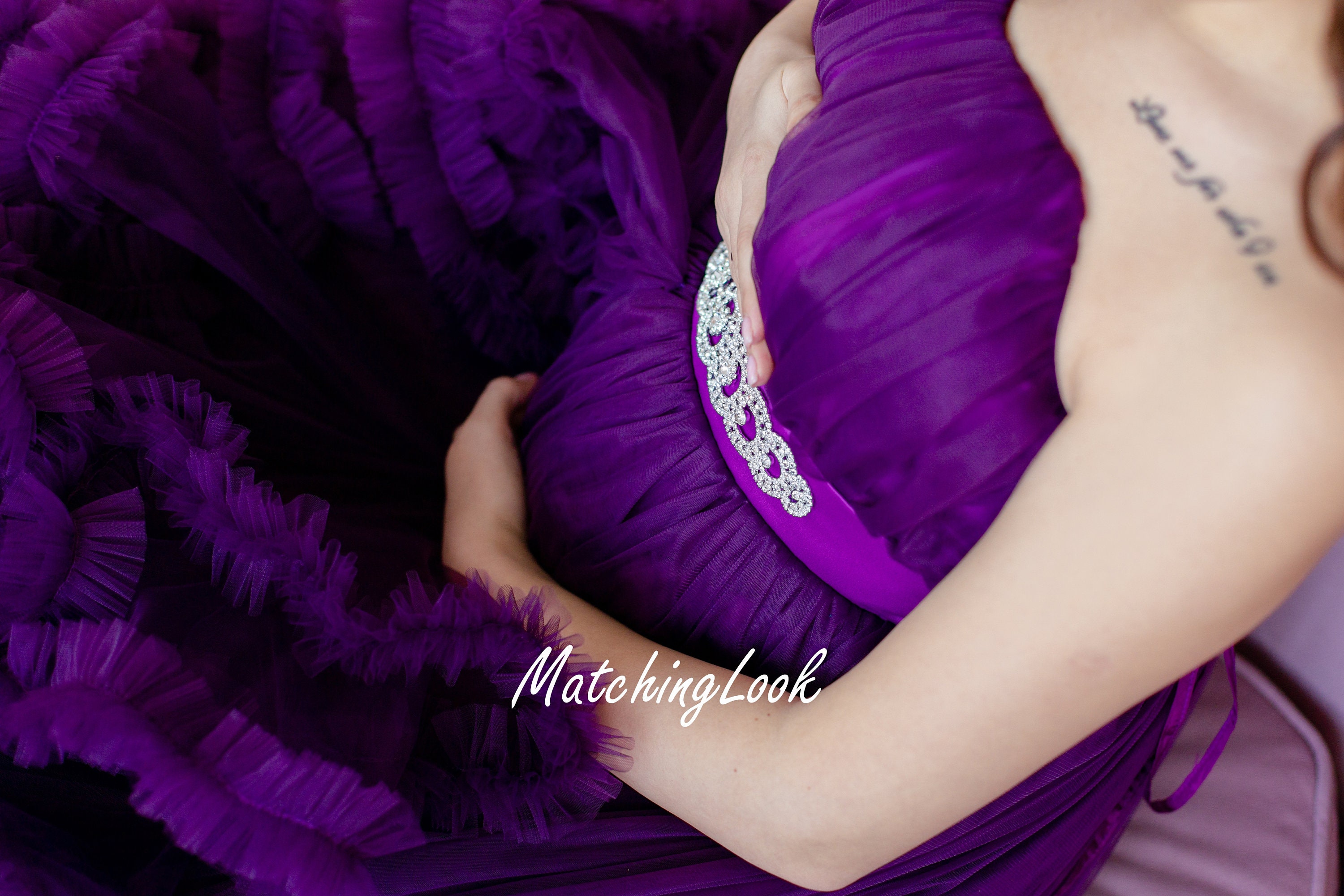 Purple Maternity Gown, Photoshoot Dress, Tulle Ruffle Dress