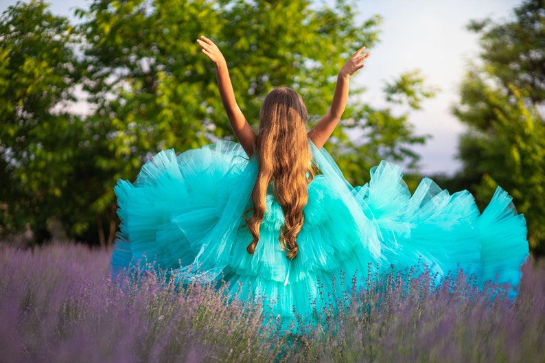 Pageant Dresses For Girls, Toddler Couture Dress, Tulle Flower Girl Dress, Teal Tiered Princess, Toddler Puffy Dress, Girl Designer Dress image 6