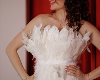 feather corset wedding dress LaDivine J824W Feather Plunging Neck Illusion Back Wedding Gown