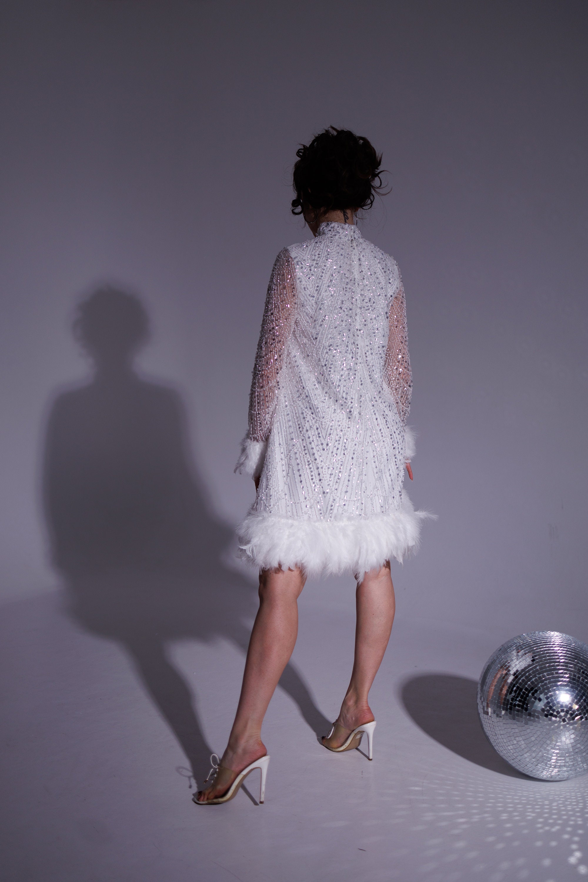 White Short Wedding Dress With Feathers - Sparkly Elopement Dress for ...