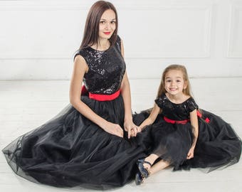 Mother Daughter Black Sequin Tulle Dress, Matching Halloween Costume