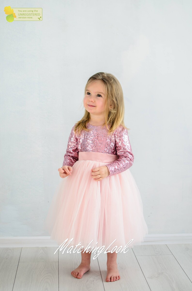 May include: A young girl wearing a pink long-sleeved sequined dress with a pink tulle skirt and a matching pink satin sash. The dress has a round neckline and long sleeves. The girl is standing on a light wood floor.