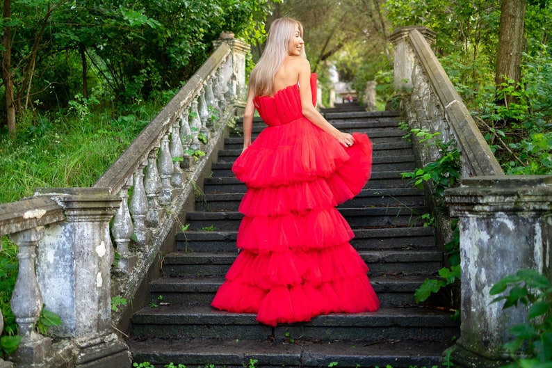 High Low Tulle Dress, Sneaker Ball Women Dress, Red Tulle Dress, Date Night Dress, Asymmetrical Tiered Dress, Adult Tutu Dress, Photoshoot image 6