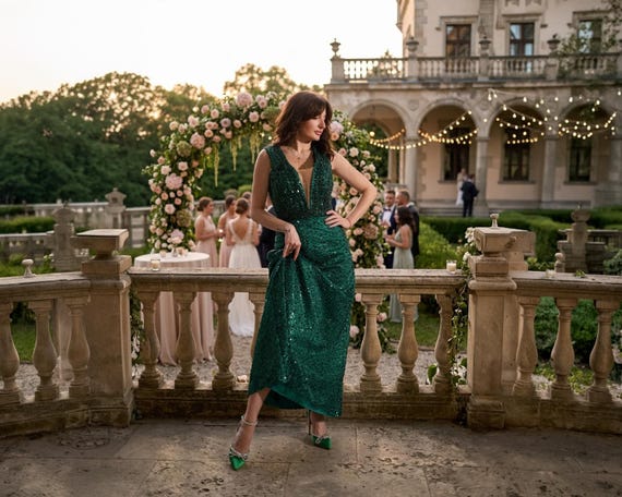 Emerald Green Lace Maxi Dress With Pearls & Sequins - Corset Summer Style Dress for Mother of Bride or Maid of Honor -personalized Clothing