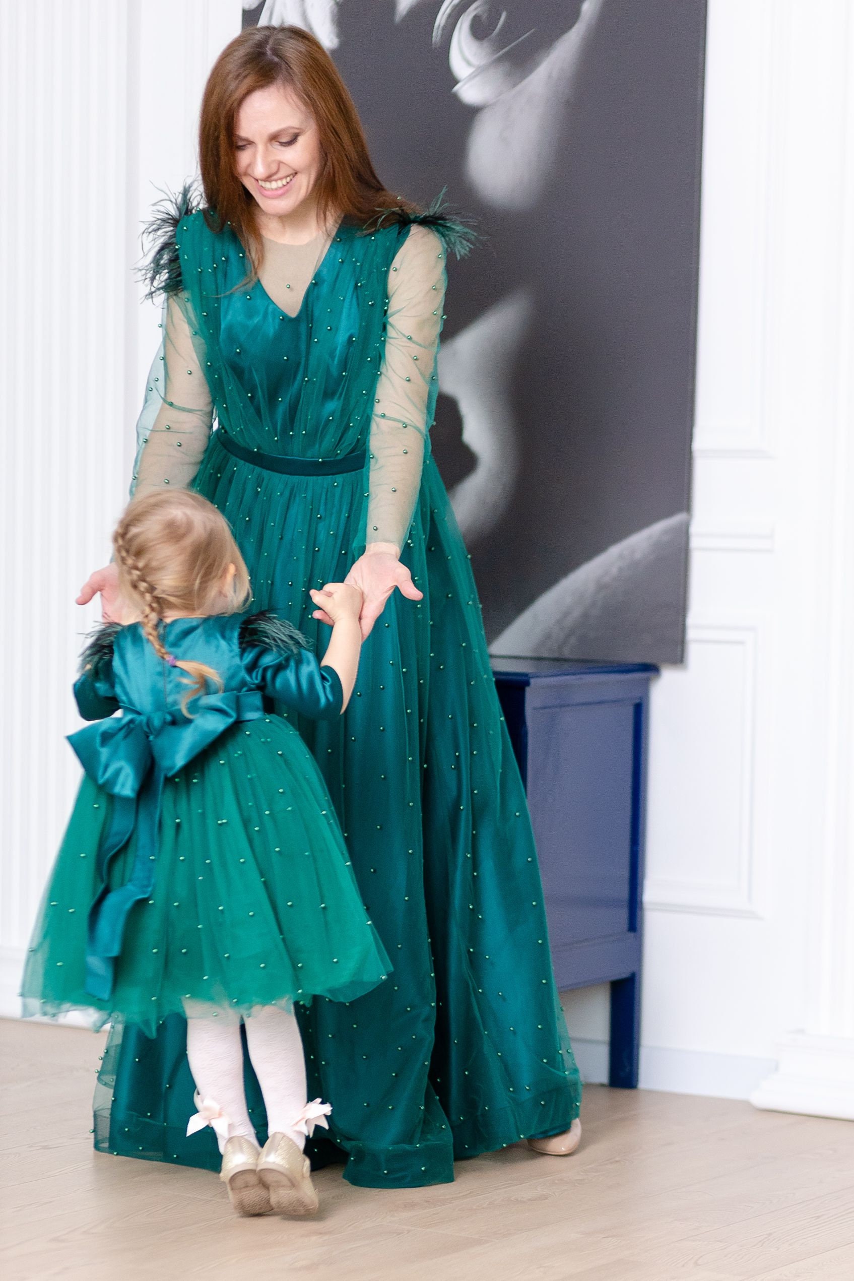Emerald Green Mommy and Me Matching Dress, Wedding Guest Dress, Mother and Daughter Matching Photoshoot Dress, Formal Gown, Mother of Bride