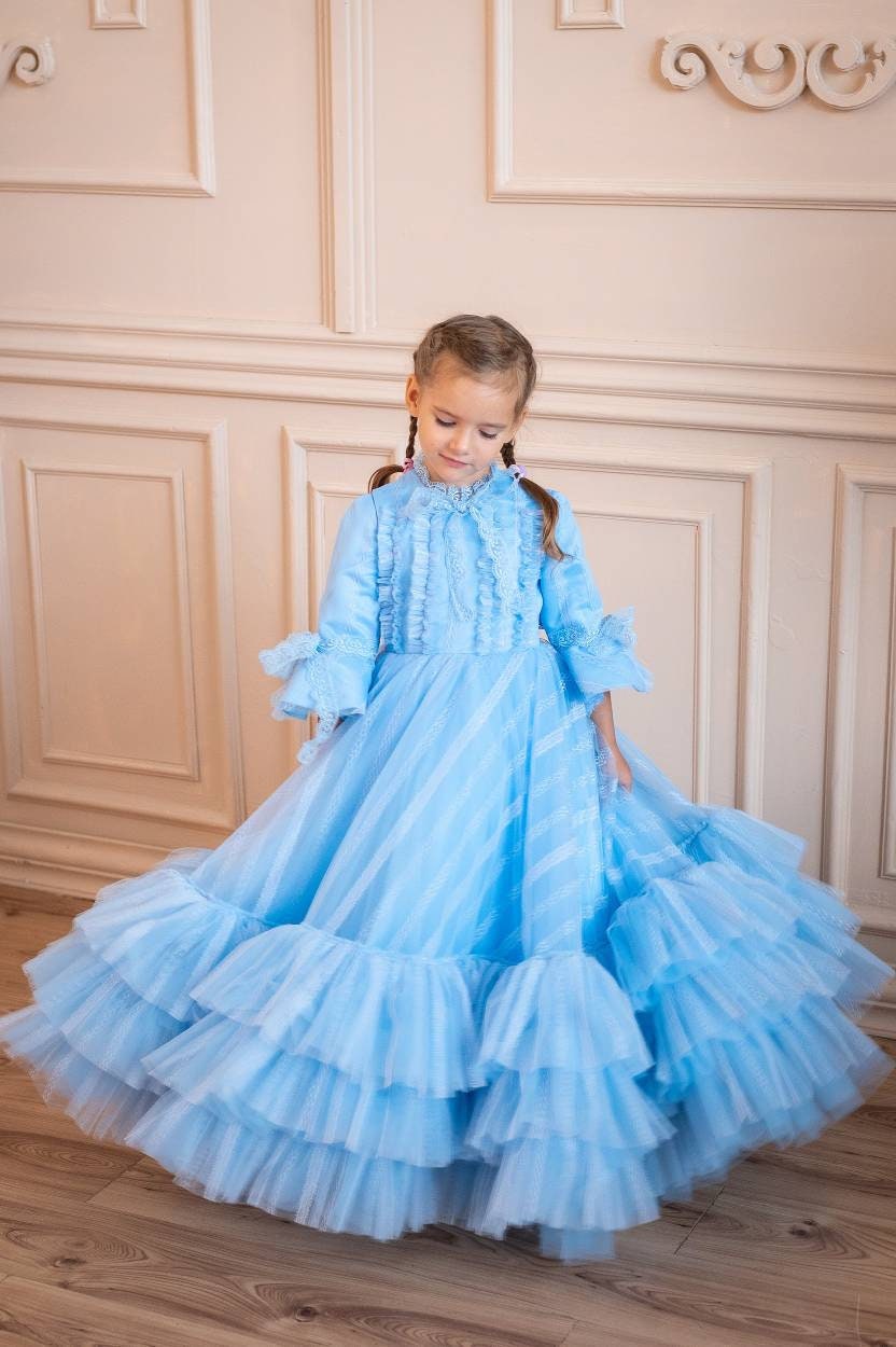 open lace back dress Blue Satin Long Sleeve Ball Gown Dress for Girls | Blue / 11-12 Years (160cm)