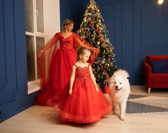 Abiti in tulle rosso, abito natalizio mamma e me, servizio