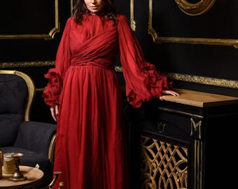 Robe de mère de mariée rouge foncé en mousseline de soie - Robe de soirée longue pour mère du marié - Robe de soirée avec poignets fleuris 3D