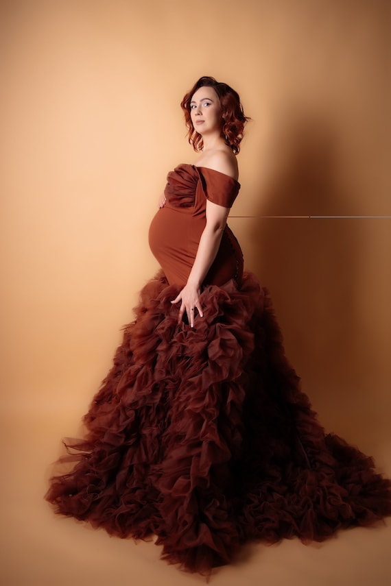 Chocolate Baby Shower Dress, Brown Maternity Dress For Photo Shoot, Pregnancy Gown Tiered, Maternity Mermaid Tulle Dress, Photography Prop Chocolate Baby Shower Dress, Brown Maternity Dress For Photo Shoot, Pregnancy Gown Tiered, Maternity Mermaid Tulle Dress, Photography Prop