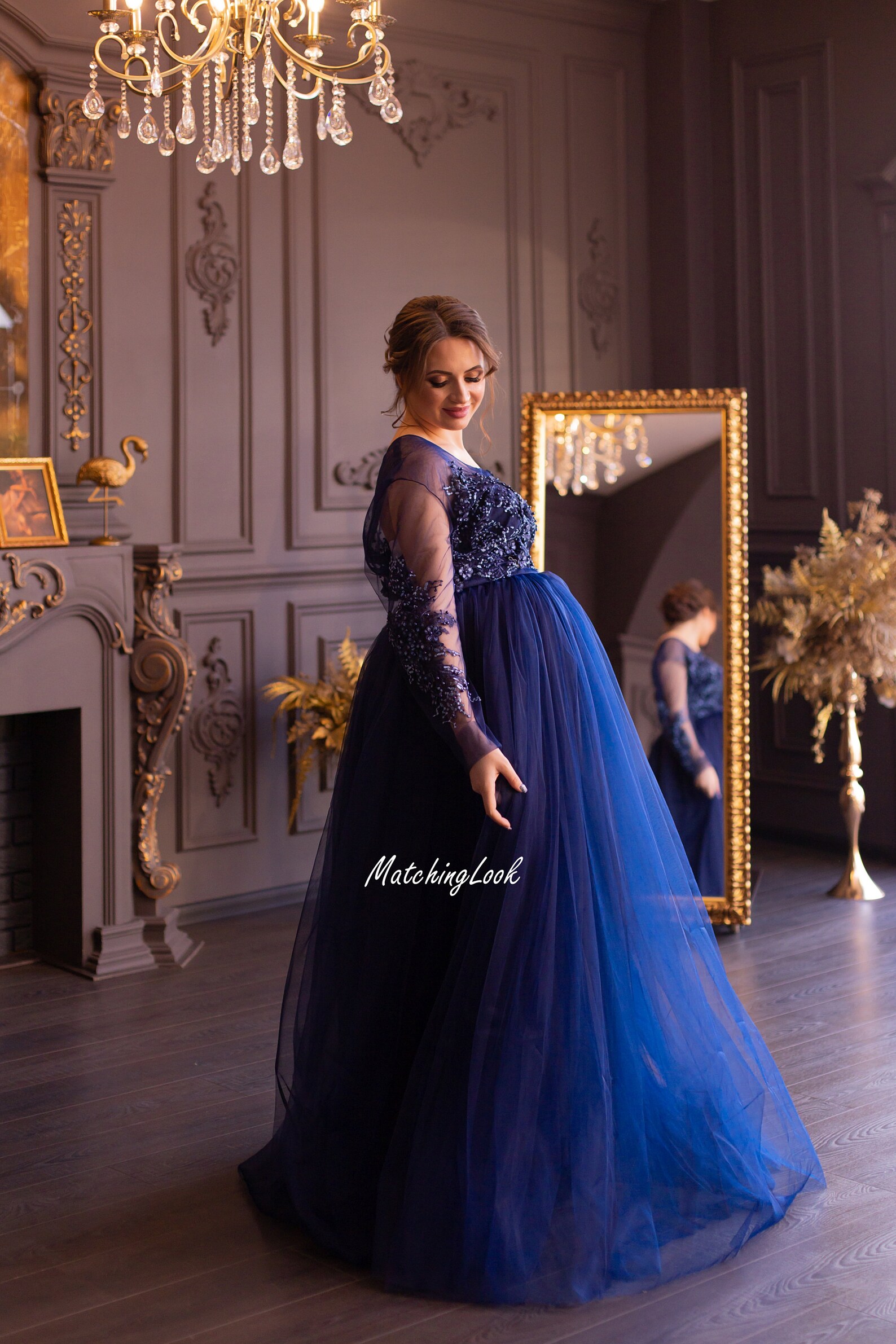 Navy Blue Maternity Dress Baby Shower Dress Long Lace Dress Etsy