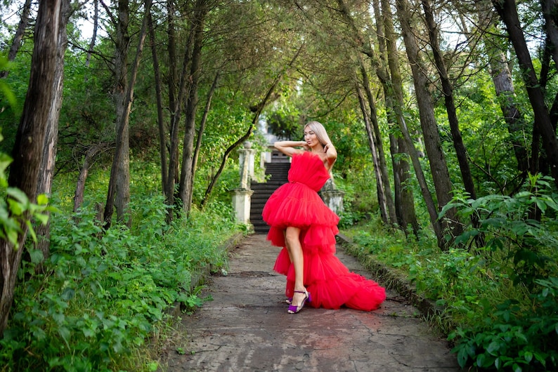 High Low Tulle Dress, Sneaker Ball Women Dress, Red Tulle Dress, Date Night Dress, Asymmetrical Tiered Dress, Adult Tutu Dress, Photoshoot image 3