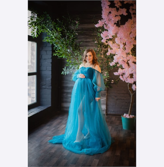 Tulle Maternity Photoshoot Dress, Pregnancy Gown, Boudoir Dressing Gown,  Teal Maternity Photoshoot Dress,off Shoulder Maternity Wedding Gown - Etsy  Finland
