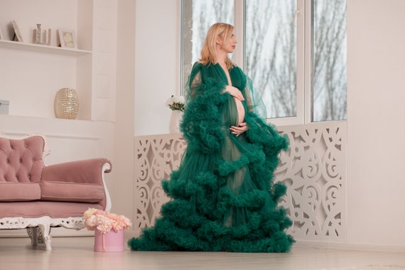 Emerald Green Tulle Dressing Gown, Boudoir Robe, Photography Robe, Burlesque Gown, Maternity Robe for Photo Shoot, Dramatic Gown, Widow