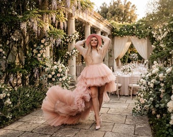 High Low Wedding Skirt With Train For Bridal Shower or Wedding Reception - Personalized Clothing Womens - Blush Wedding Gown Summer Style