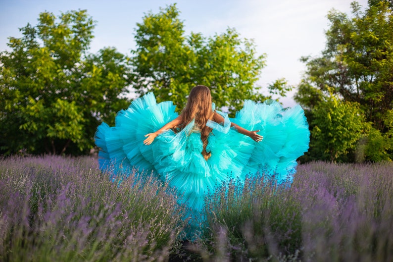 Pageant Dresses For Girls, Toddler Couture Dress, Tulle Flower Girl Dress, Teal Tiered Princess, Toddler Puffy Dress, Girl Designer Dress image 5