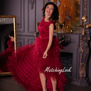 Dark Red Women&#39;s Dresses, Party Wear, Wedding Guest Dress, Tulle Evening Dress, Photoshoot Gown, High Low Dress, Formal Dress, Gift For Her