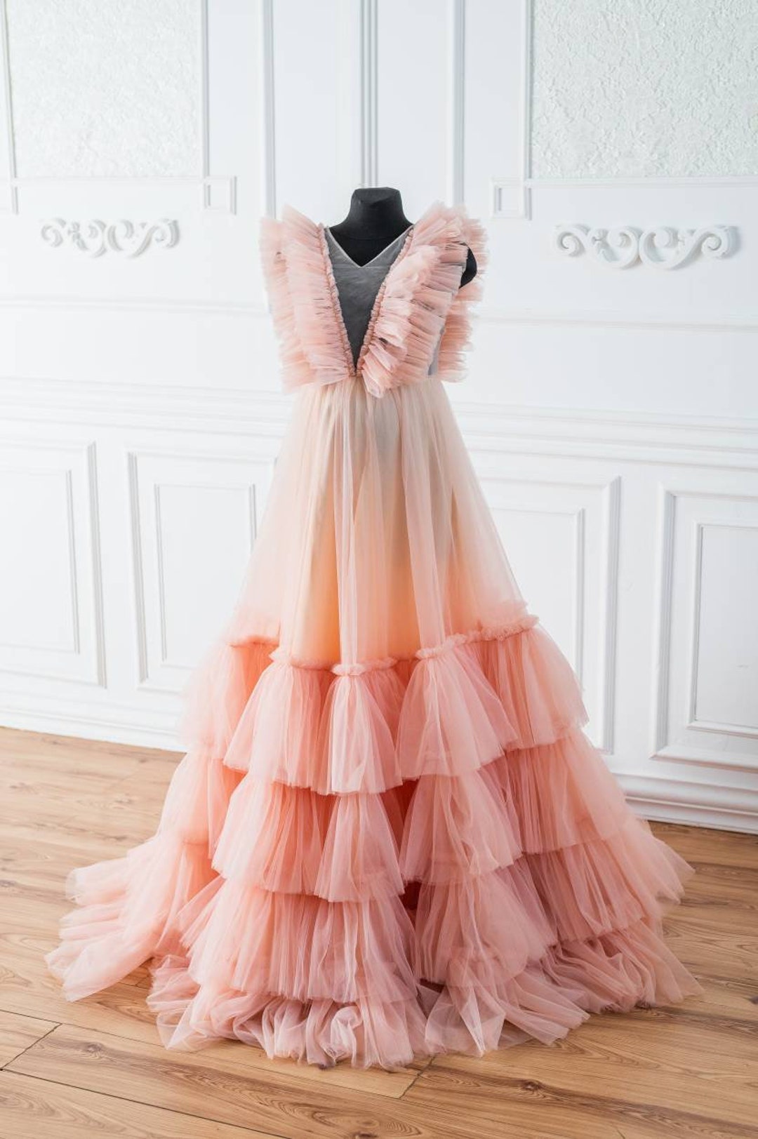 Matchinglook Pink Maternity Robe, Frilled Maternity Gown, Pink Tulle Robe, Maternity Photoshoot Robe, Boudoir Tulle Dress, Sheer Ruffle Gown Robe Hot Pink / One