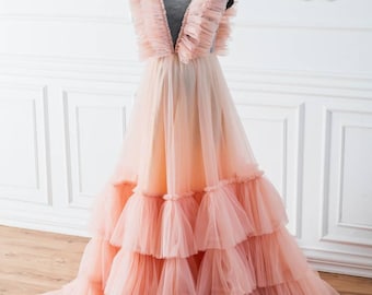 Peach Tulle Ruffle Gown Dress, Maternity Dress For Photoshoot, Tulle Tiered Gown, Maternity Bridal Dress, Pregnancy Gown, Baby Shower Dress