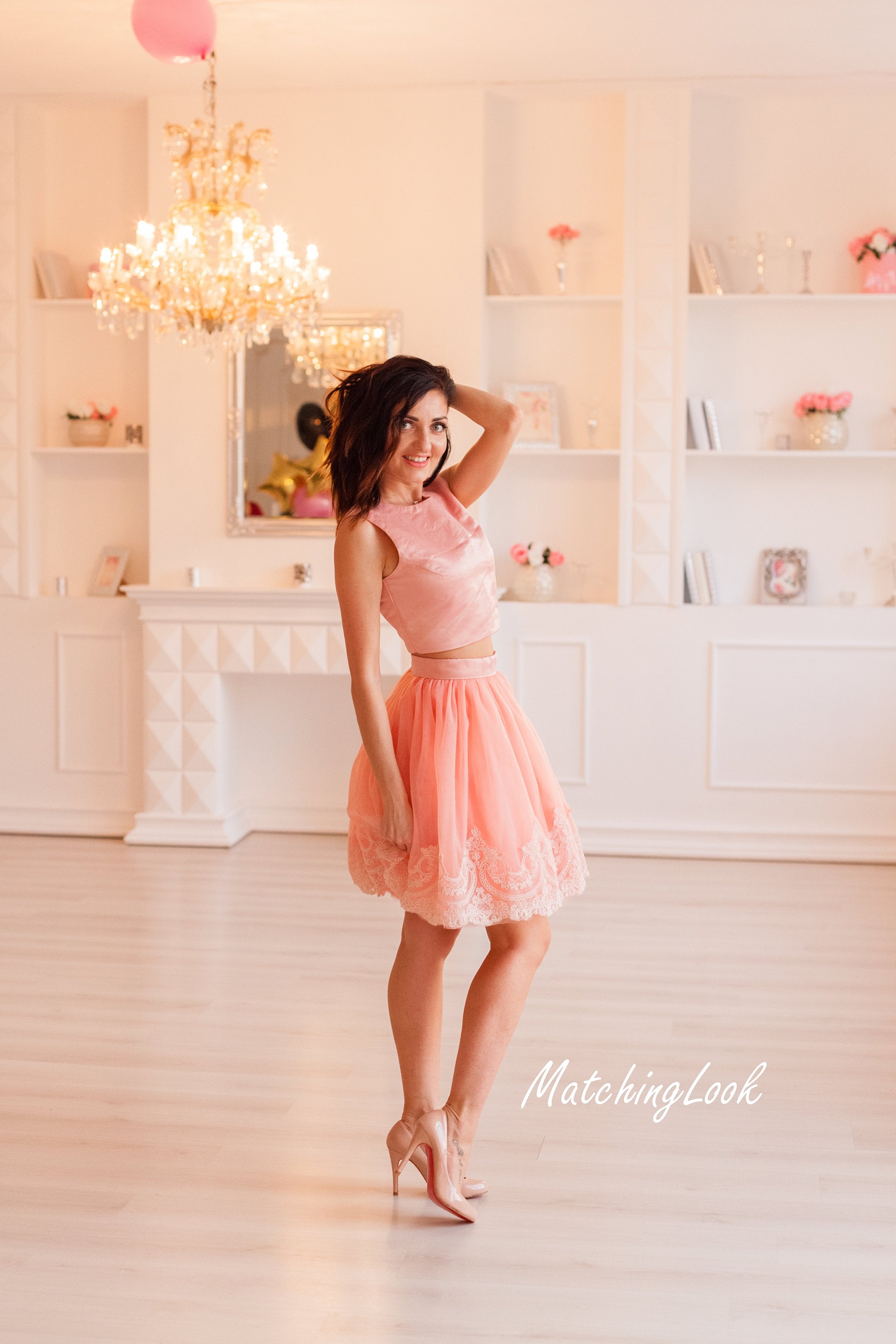 Womens Two Piece Outfits, Tulle Cocktail Outfit Set of 2, Bridesmaid Separates, Fall Style Clothing, Womens Dresses ~ Pink Skirt and Top