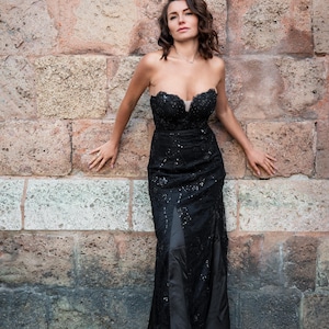 Ready To Ship ~ Black Corset New Year Dress, Party Outfit, Formal Evening Dress, Sparkly Cocktail Gown, Black Tie Dress, French Lace -S Size