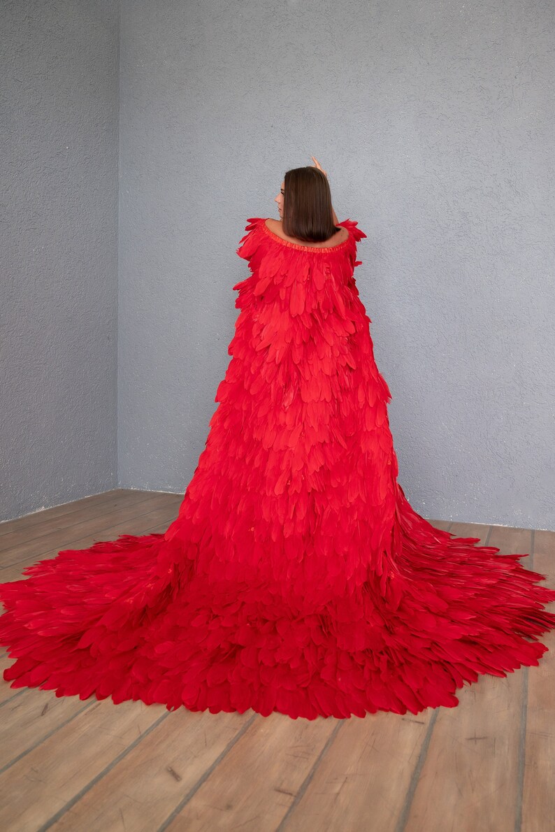 May include: A woman wearing a long, red feather dress. The dress is made of many individual feathers that are sewn together to create a flowing, dramatic look.