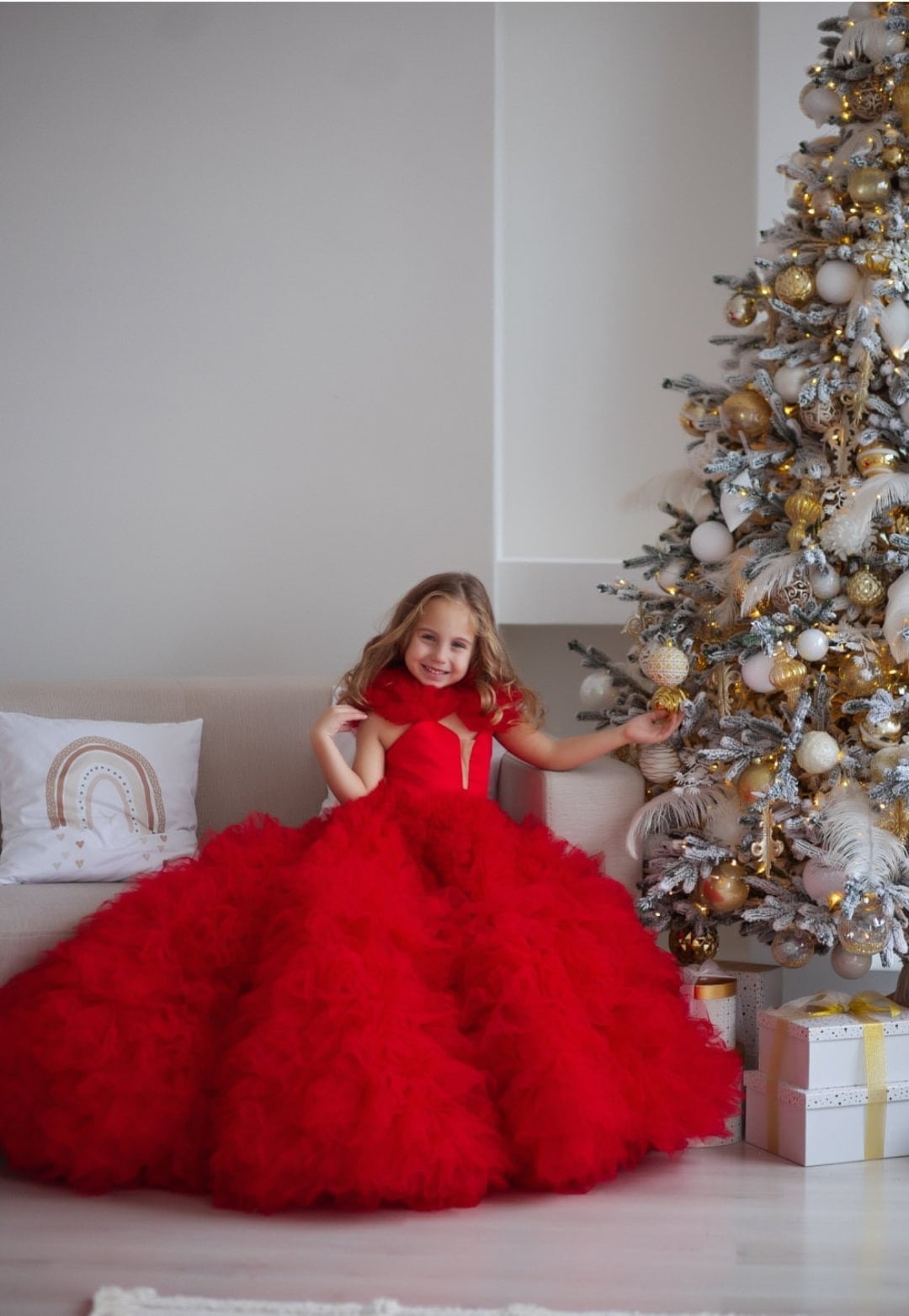 Abito rosso a strati per bambini di Natale, abiti da festa per