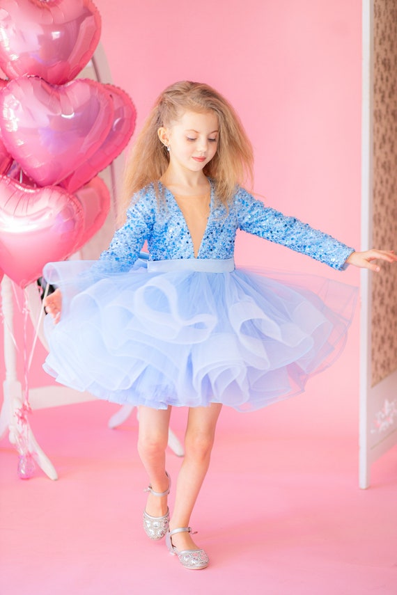 Ready To Ship ~ Baby Blue Puffy Toddler Dress, Party Wear, Girls Tutu Dress Long Sleeve, Tutu Tulle Dress, Gift For Kid, Formal Girl Dress