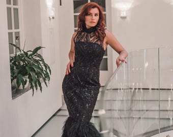 Black Feather Mermaid Evening Dress | Luxury Beaded Prom Dress | Couture Gown | Formal Dresses For Women | Gala Gown Train | Custom Made Black Feather Mermaid Evening Dress | Luxury Beaded Prom Dress | Couture Gown | Formal Dresses For Women | Gala Gown Train | Custom Made