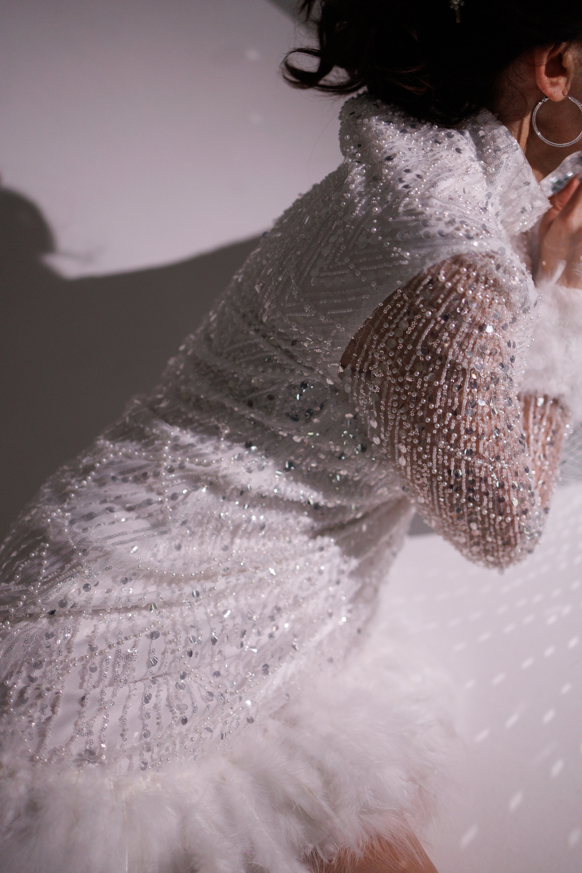 White Short Wedding Dress With Feathers - Sparkly Elopement Dress for ...