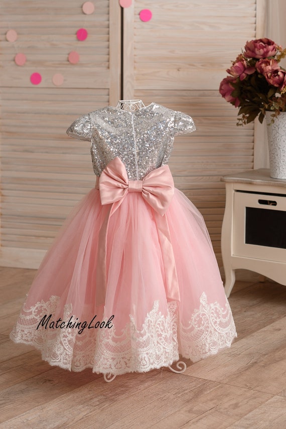 Princess Sequin Lace Tutu Dress Flower Girl Sequin Dress With Bow