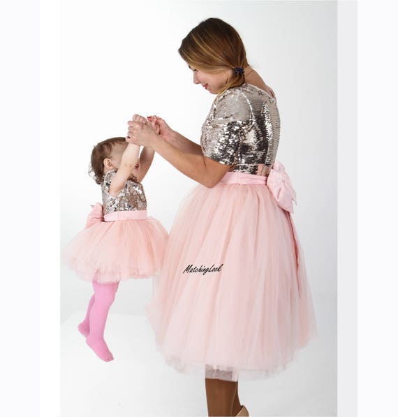 Mommy and Me Gold Sequin Dress, Pink Tulle Tutu, Matching Mother Daughter Outfits Mommy and Me Gold Sequin Dress, Pink Tulle Tutu, Matching Mother Daughter Outfits