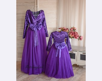 Purple Mother Daughter Matching Dresses, Sequin Tulle Formal Outfit